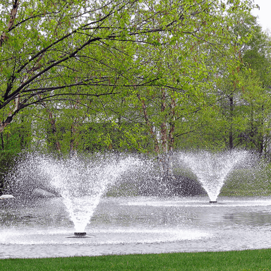 SCOTT AERATOR DA-20 1/2 HP Solar Display Aerator - Two Fountains on Display with Trees at the Background