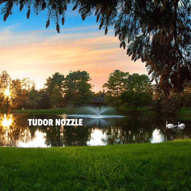 SCOTT AERATOR Great Lakes Fountain - Tudor Nozzle Showing Spray Pattern with Trees at the Background