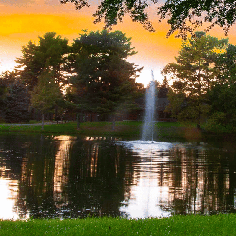SCOTT AERATOR Gusher Fountain - On Reflective Water Display with Trees at the Background