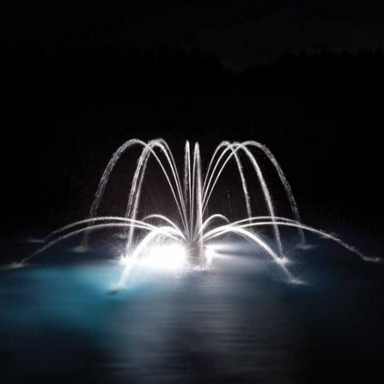 Spider & Arch Nozzle for Aqua Control Evolution Series 1/2 HP Fountain - Spray Pattern On Display with Led Light at Night