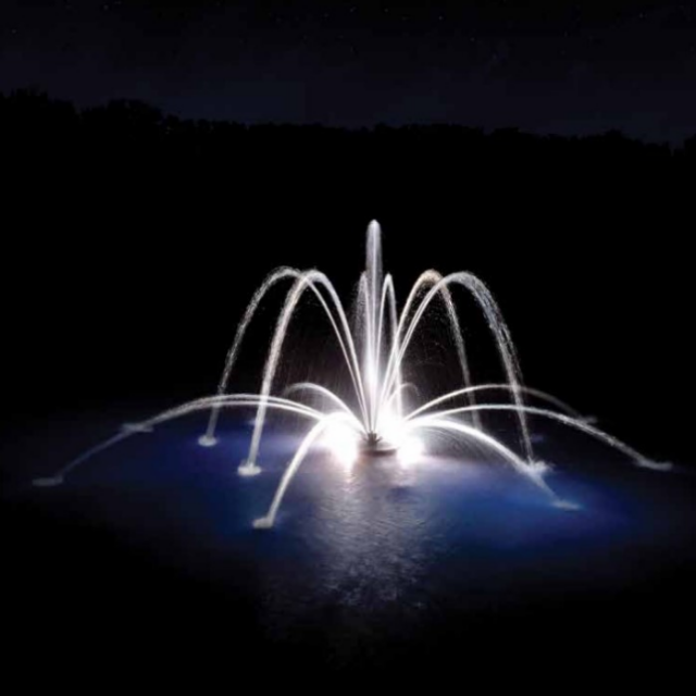 Tiara Nozzle for Aqua Control Evolution Series 1/2 HP Fountain - Spray Pattern On Display with Led Light at Night